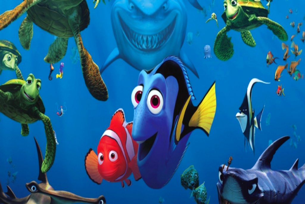 Imagem do filme Procurando Nemo com diversos peixes, tartarugas e um tubarão ao fundo