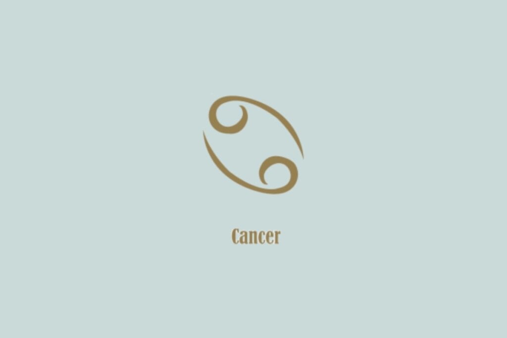 Símbolo dourado de Câncer, composto por duas espirais conectadas, com a palavra "Cancer" abaixo, em fundo azul-claro