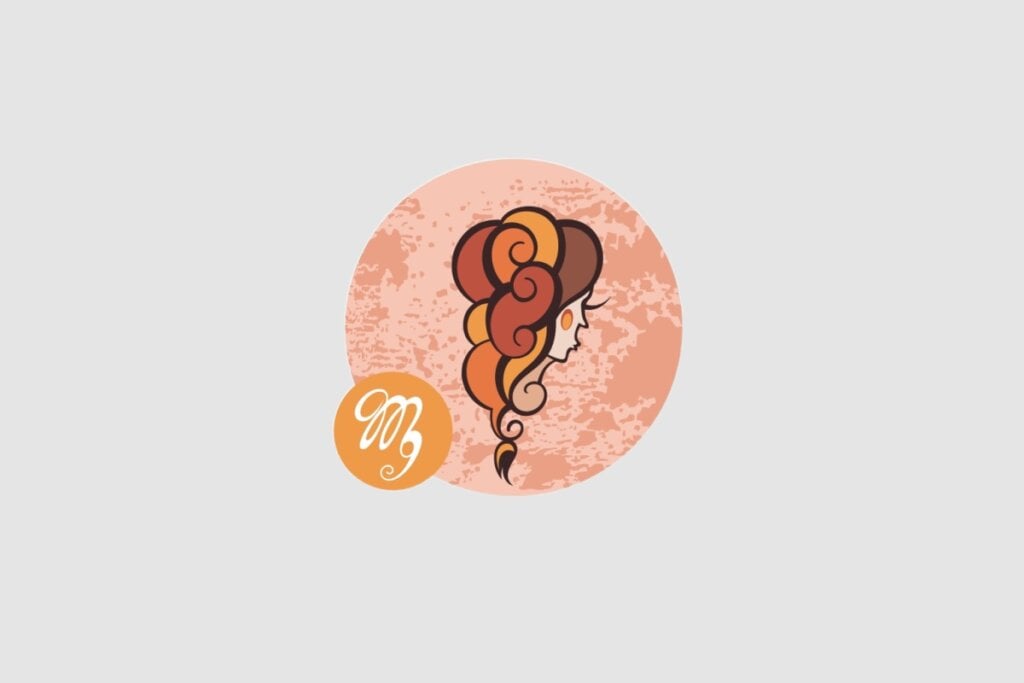 Ilustração do signo de Virgem, com a silhueta de uma mulher de perfil, com cabelos longos ondulados em tons marrons e alaranjados