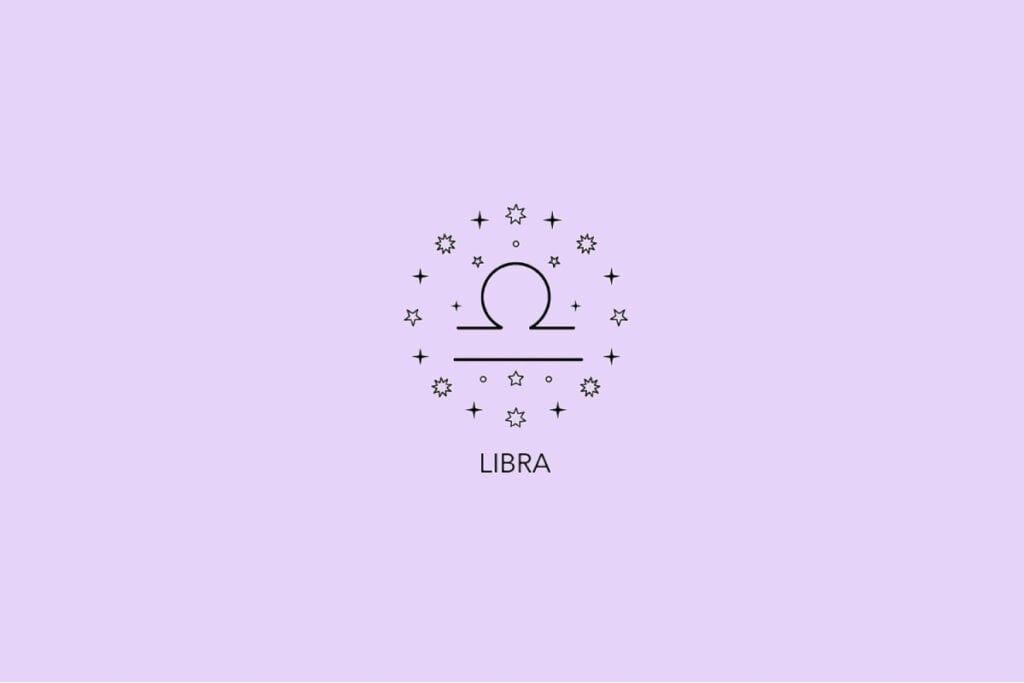 Imagem com fundo lilás apresentando o símbolo astrológico do signo de Libra rodeado por pequenas estrelas