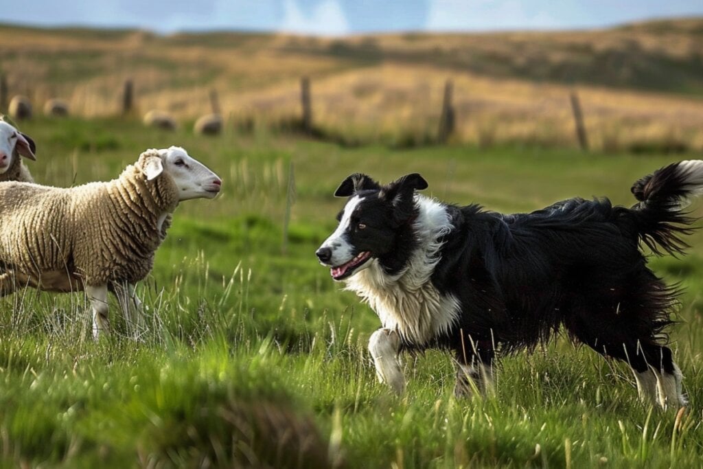 Cachorro border collie pastoreando ovelhas 