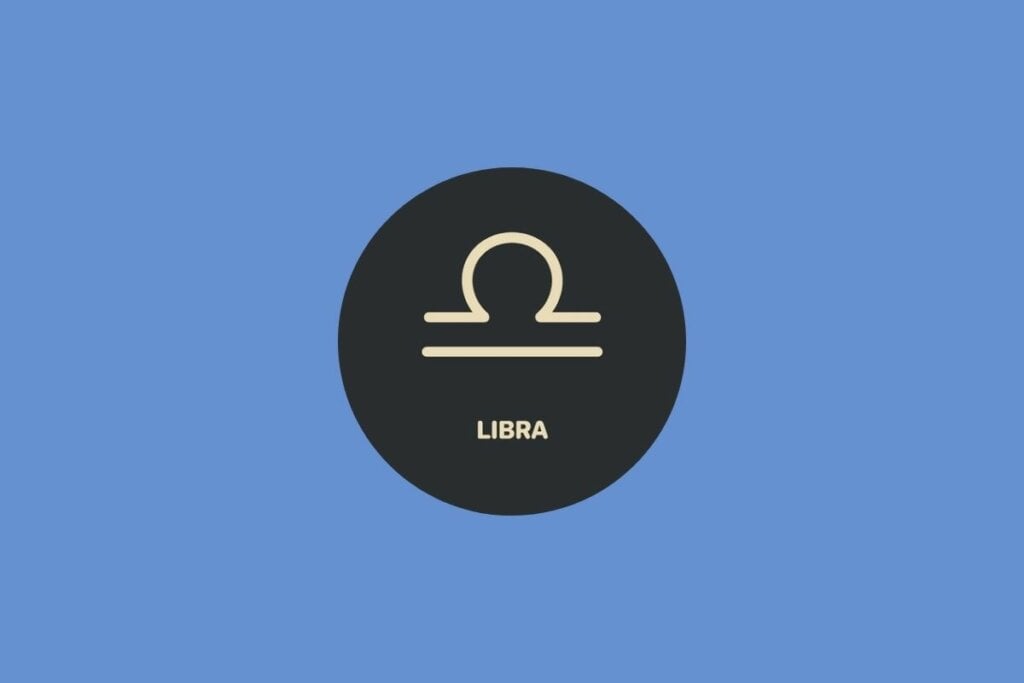 Ilustração do signo de Libra em um círculo sobre um fundo azul