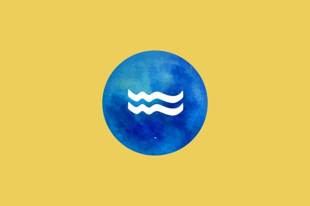 Ilustração do signo de aquário em um círculo azul sobre um fundo amarelo