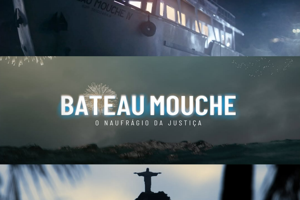 Imagem dividida em três, uma mostra o barco Bateau Mouche, outra com o título do documentário e outra mostra o Cristo Redentor