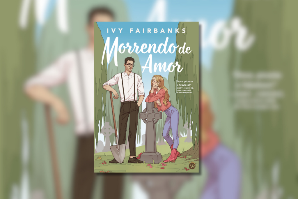 Capa de livro com título e nome do autor e ilustração de um casal em um cemitério