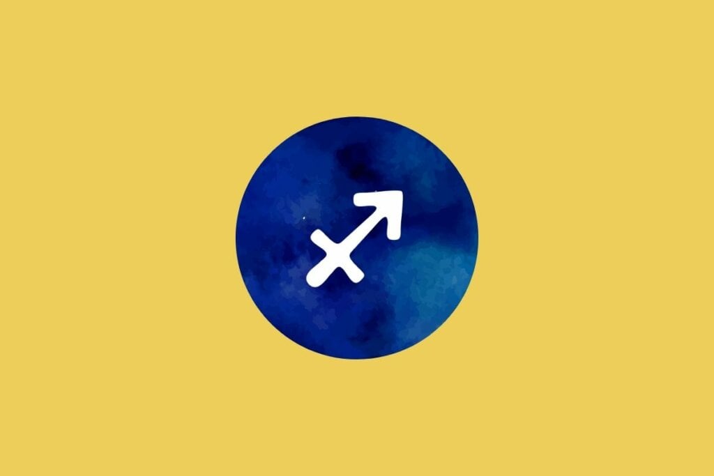 Ilustração do signo de sagitário em um círculo azul sobre um fundo amarelo