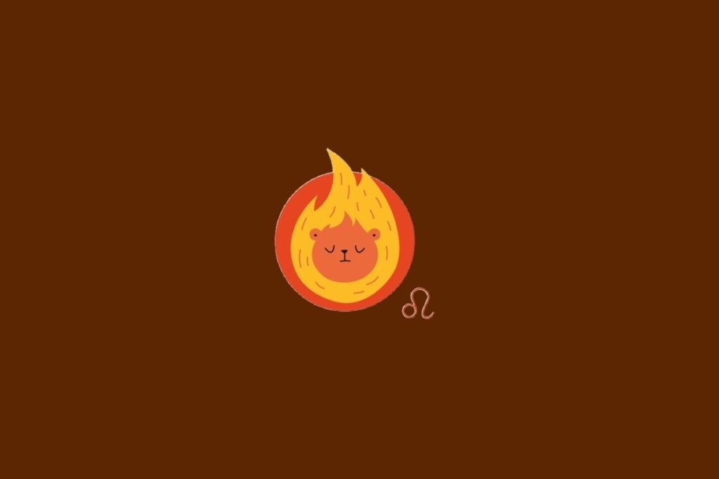 Ilustração do signo de Leão, com um leão de juba flamejante em tons de laranja sobre um fundo vermelho