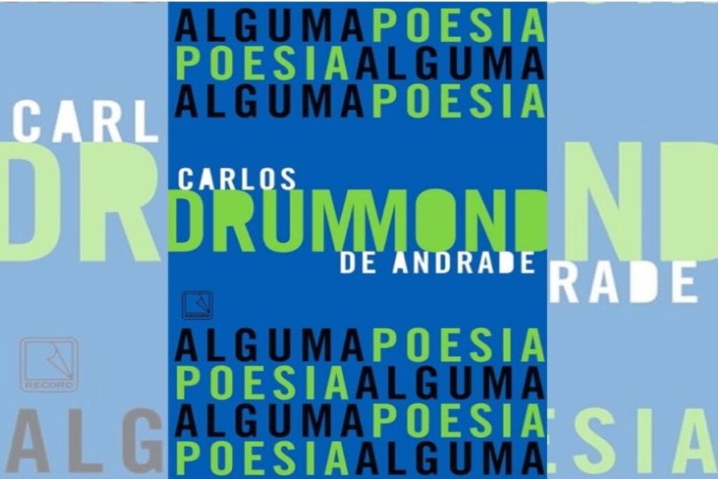 capa azul do livro "Alguma poesia" com escritos em verde, branco e preto