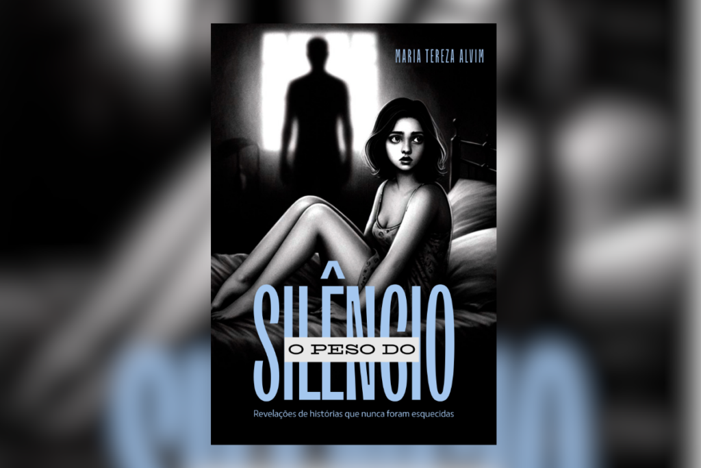 Capa do livro "O Peso do Silêncio", em preto e branco, mostrando uma jovem assustada sentada na cama, com uma figura masculina sombria projetada na parede ao fundo