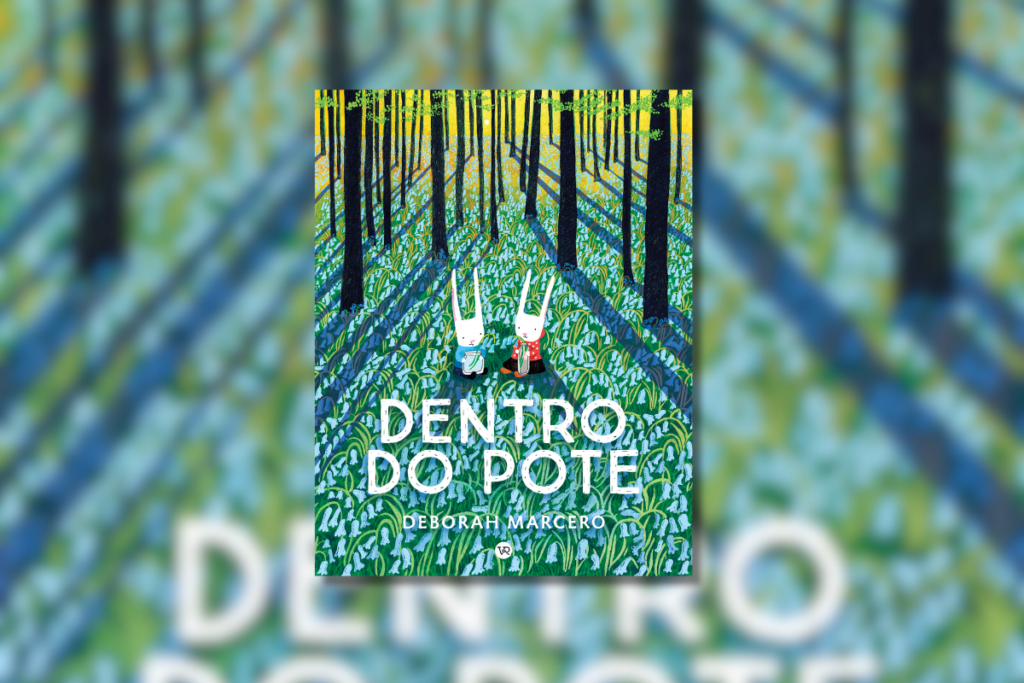 Capa do livro "Dentro do pote", com dois coelhos brancos no meio de uma floresta densa e colorida, cercados por folhagens verdes