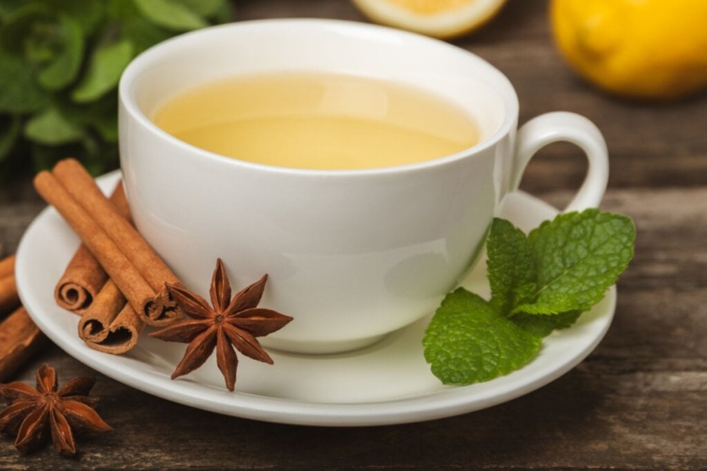 Xícara branca com chá de canela, limão e anis-estrelado em cima de uma mesa de madeira 