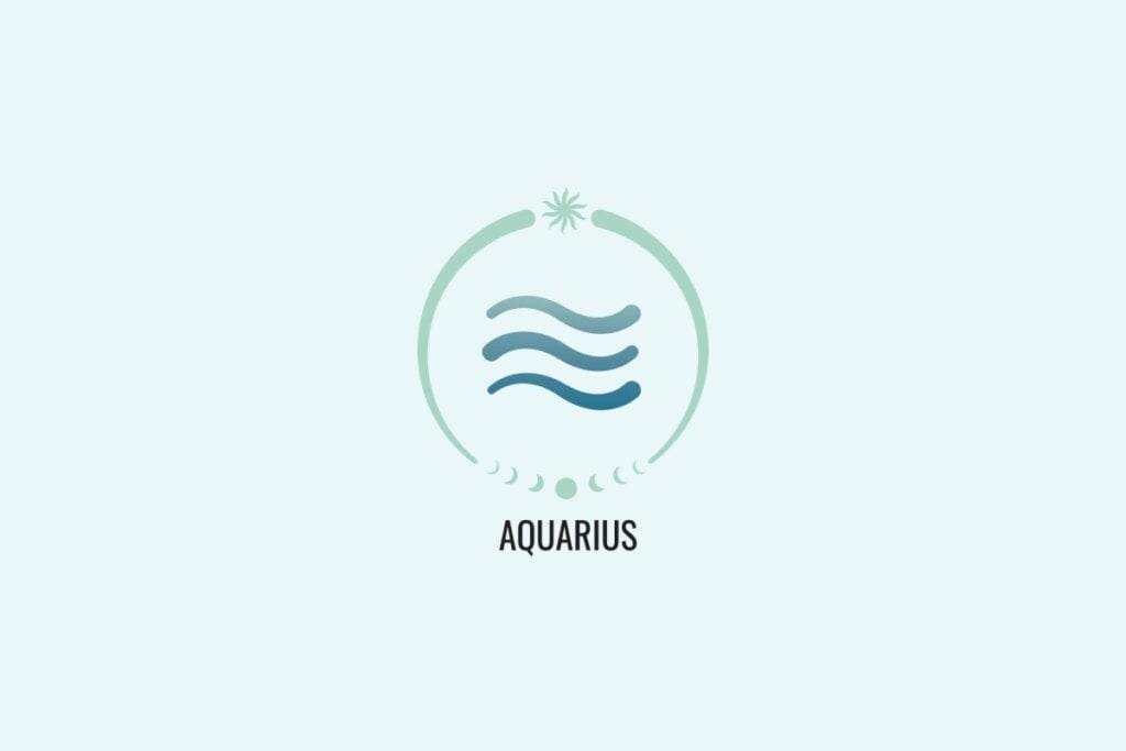 Horóscopo do dia: previsão para os 12 signos em 18/04/2025 65 Ilustração do signo Aquário, com símbolo composto por três linhas onduladas horizontais em tons de azul, sobre fundo verde-claro