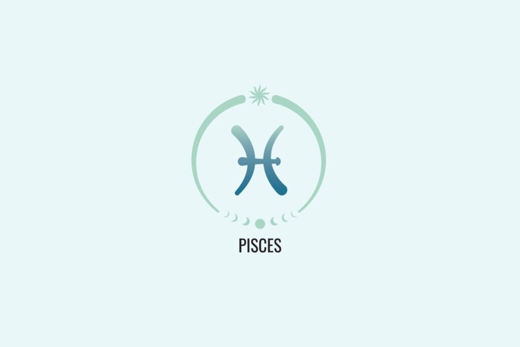 Horóscopo do dia: previsão para os 12 signos em 18/04/2025 66 Ilustração do signo Peixes, com símbolo em forma de dois arcos opostos ligados por uma barra central, em tom azul esverdeado, sobre fundo verde-claro
