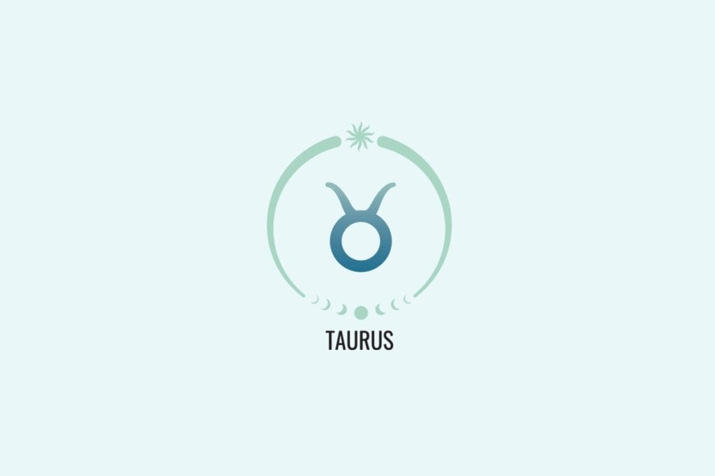 Horóscopo do dia: previsão para os 12 signos em 18/04/2025 56 Ilustração do signo Touro, com símbolo em formato circular com dois chifres curvados para cima, em azul esverdeado, sobre fundo verde-claro