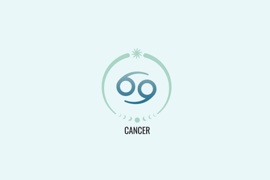 Horóscopo do dia: previsão para os 12 signos em 18/04/2025 58 Ilustração do signo Câncer, com símbolo de dois círculos ligados por curvas que lembram o número 69 na horizontal, em azul esverdeado, sobre fundo verde-claro