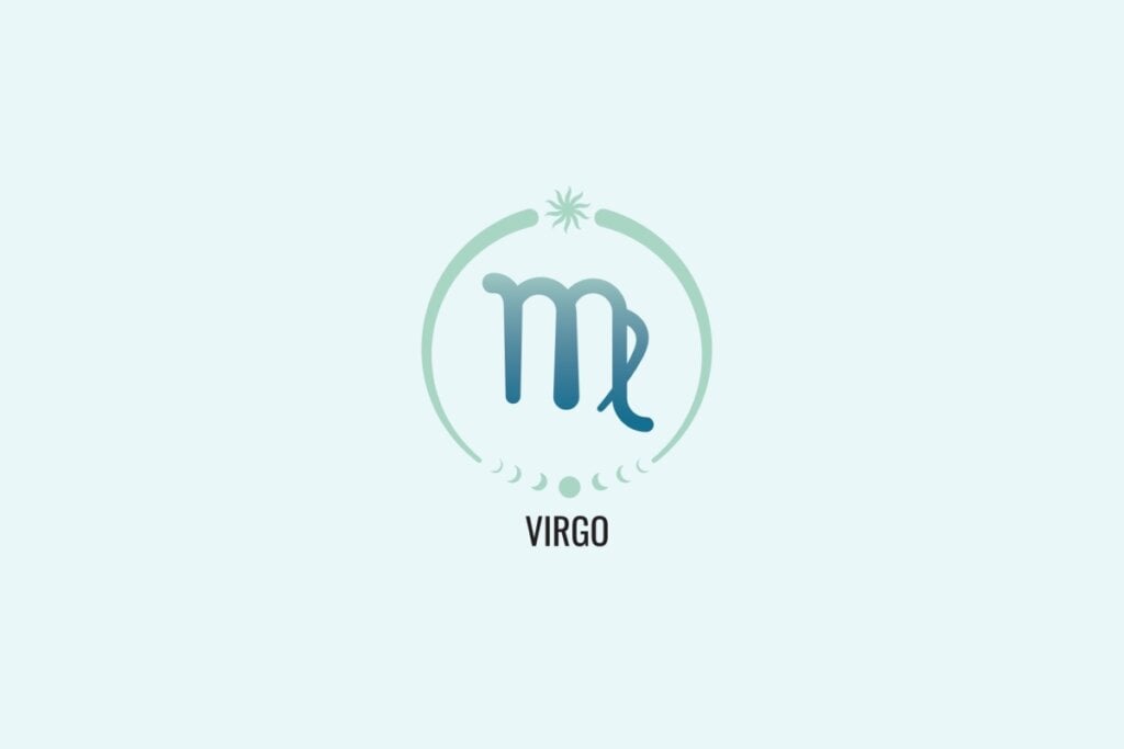 Horóscopo do dia: previsão para os 12 signos em 18/04/2025 60 Ilustração do signo Virgem, com símbolo similar à letra “m” com uma perna cruzada na extremidade direita, em azul esverdeado, sobre fundo verde-claro
