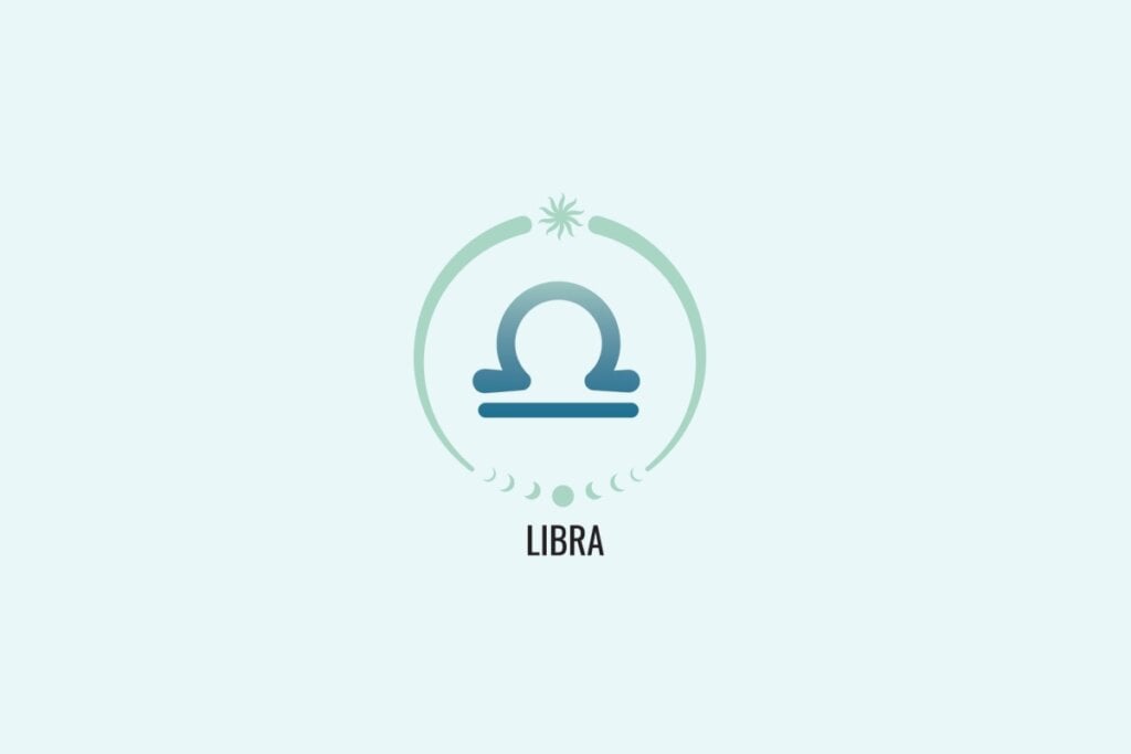 Horóscopo do dia: previsão para os 12 signos em 18/04/2025 61 Ilustração do signo Libra, com símbolo em formato de uma balança estilizada, composta por um arco sobre uma linha reta, em azul esverdeado, sobre fundo verde-claro