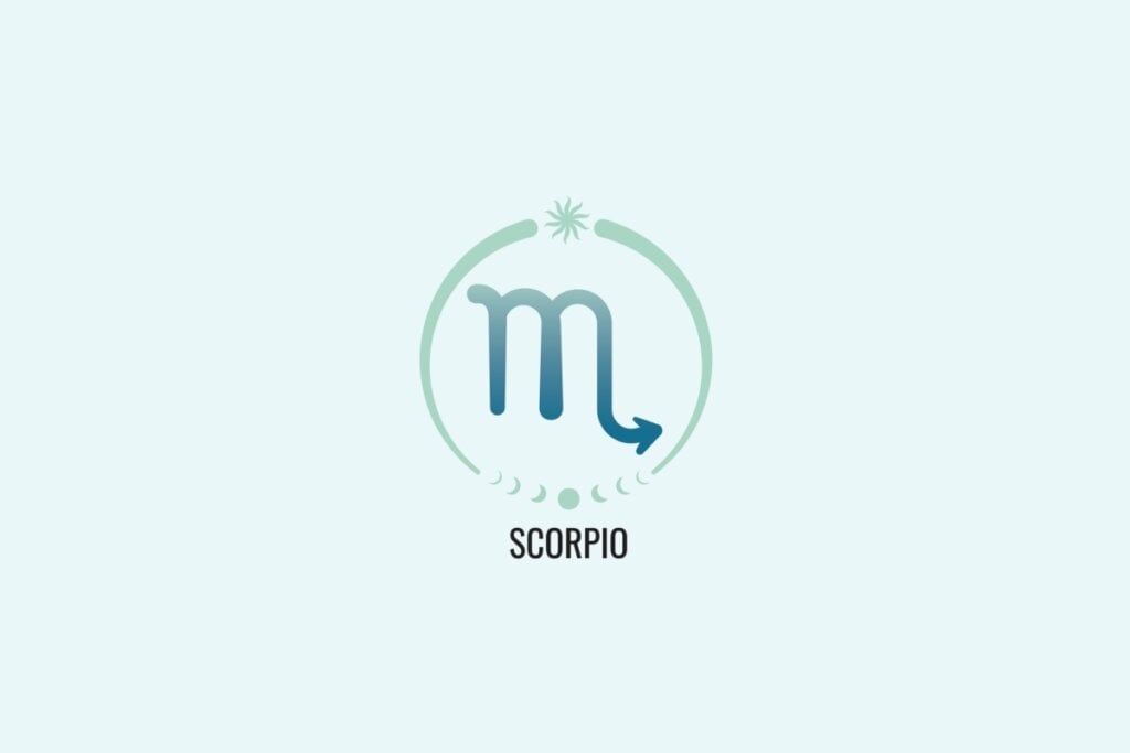 Horóscopo do dia: previsão para os 12 signos em 18/04/2025 62 Ilustração do signo Escorpião, com símbolo semelhante à letra “m” com uma cauda curva apontando para a direita, em azul esverdeado, sobre fundo verde-claro