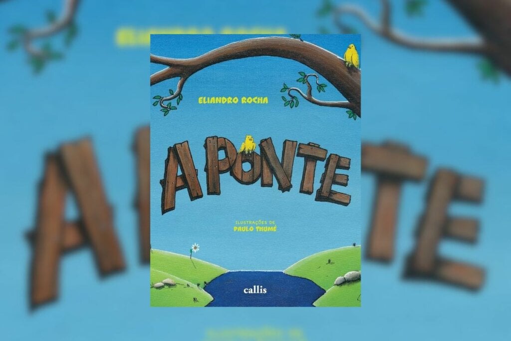 Capa do livro " A Ponte" com a ilustração de um lago e um tronco de árvore em cima 