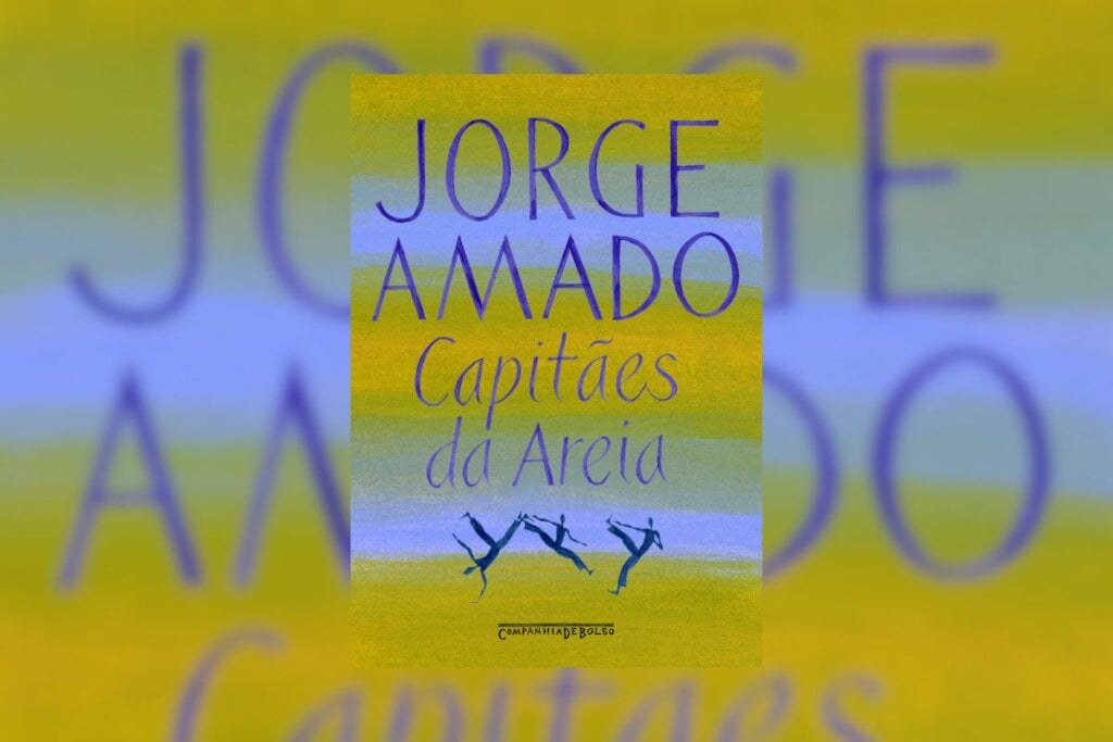 Capa do livro "Capitães de areia" com um fundo colorido com amarelo, verde e azul 