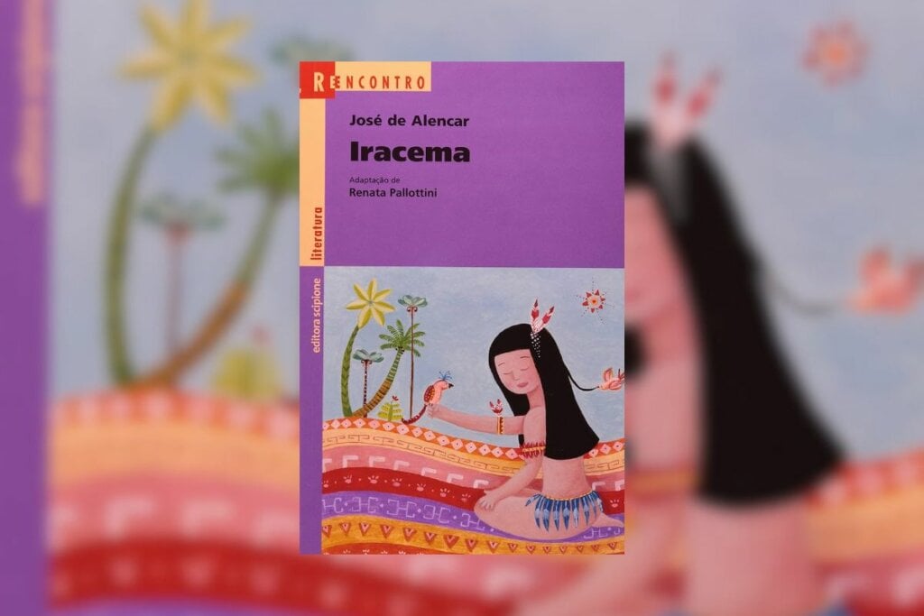 Capa do livro "Iracema" com a ilustração de uma mulher indígena ajoelhada em um chão colorido 