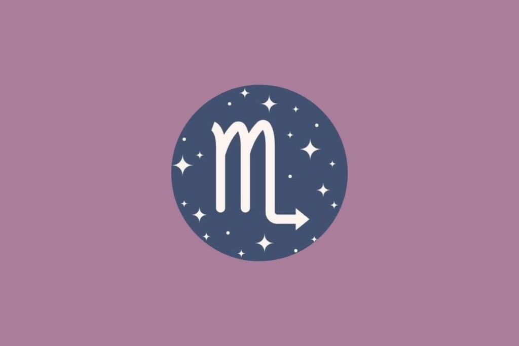 Ilustração do signo de escorpião em um círculo verde e em um fundo roxo