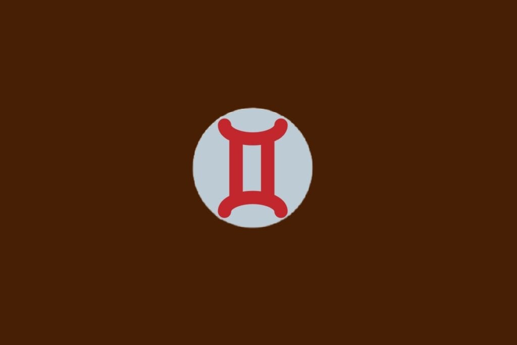 Horóscopo do dia: previsão para os 12 signos em 23/04/2025 57 Ilustração do signo de Gêmeos, com símbolo vermelho com duas linhas verticais ligadas por curvas, sobre fundo cinza e marrom-escuro