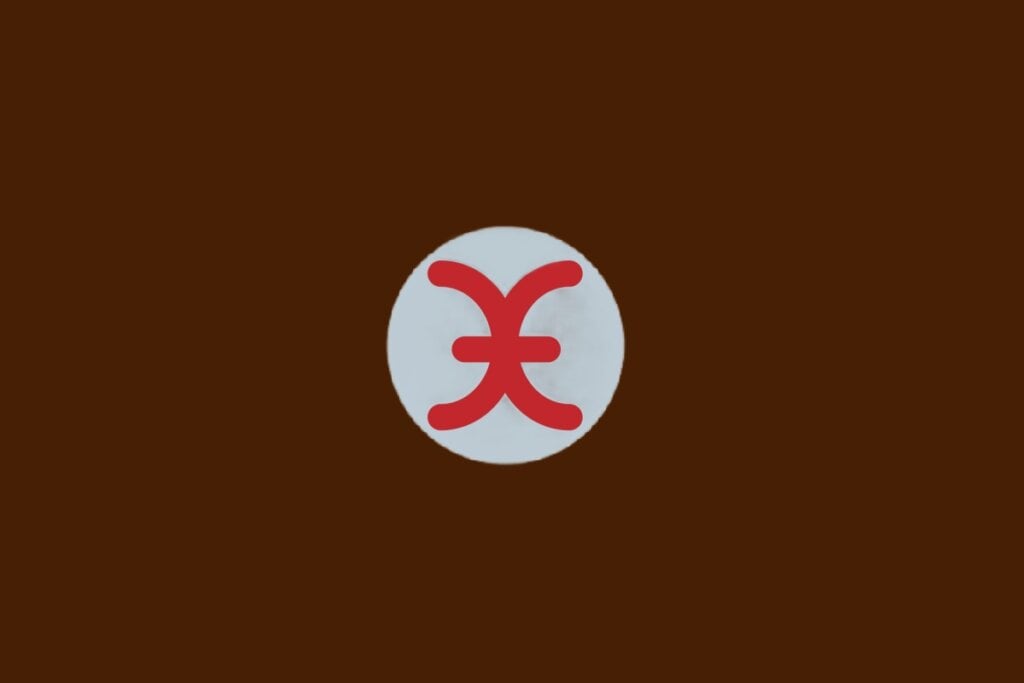 Horóscopo do dia: previsão para os 12 signos em 23/04/2025 66 Ilustração do signo de Peixes, com símbolo vermelho com dois arcos curvos ligados por traço, sobre fundo cinza e marrom-escuro