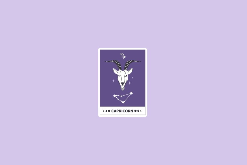 Previsão dos signos de 05 a 11 de maio de 2025 64 Ilustração do signo de Capricórnio com uma cabra estilizada e detalhada com chifres curvados, sobre um fundo roxo com a constelação de Capricórnio na parte inferior