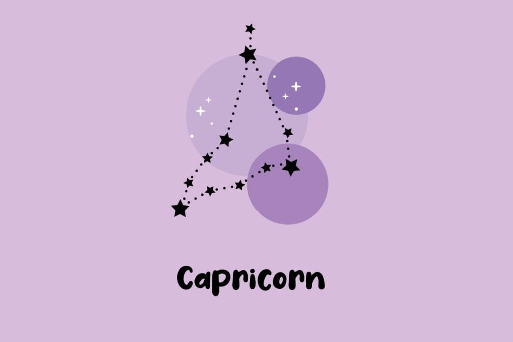 Horóscopo do dia: previsão para os 12 signos em 04/05/2025 64 Ilustração da constelação do signo de Capricórnio com estrelas pretas conectadas por pontos sobre fundo lilás