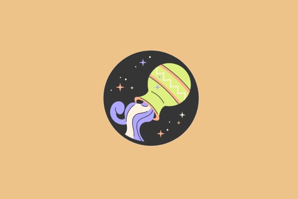 Horóscopo do dia: previsão para os 12 signos em 07/05/2025 65 Ilustração do signo de Aquário, em fundo alaranjado, com um vaso verde decorado derramando água roxa