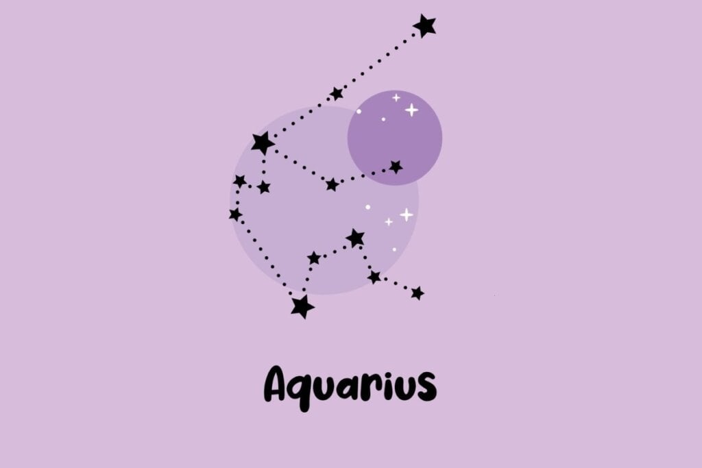 Horóscopo do dia: previsão para os 12 signos em 04/05/2025 65 Ilustração da constelação do signo de Aquário com traços pontilhados e estrelas em destaque sobre fundo lilás