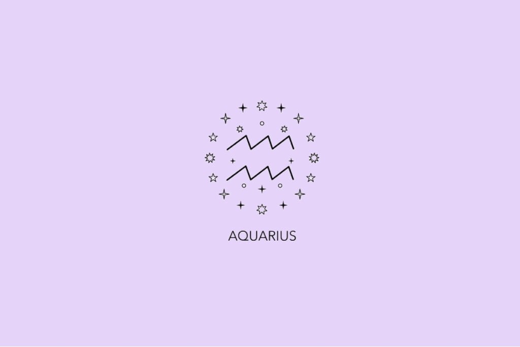 4 signos com forte conexão com a maternidade 17 Imagem com fundo lilás apresentando o símbolo astrológico do signo de Aquário rodeado por pequenas estrelas