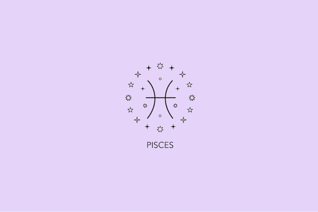 4 signos com forte conexão com a maternidade 18 Imagem com fundo lilás apresentando o símbolo astrológico do signo de Peixes rodeado por pequenas estrelas