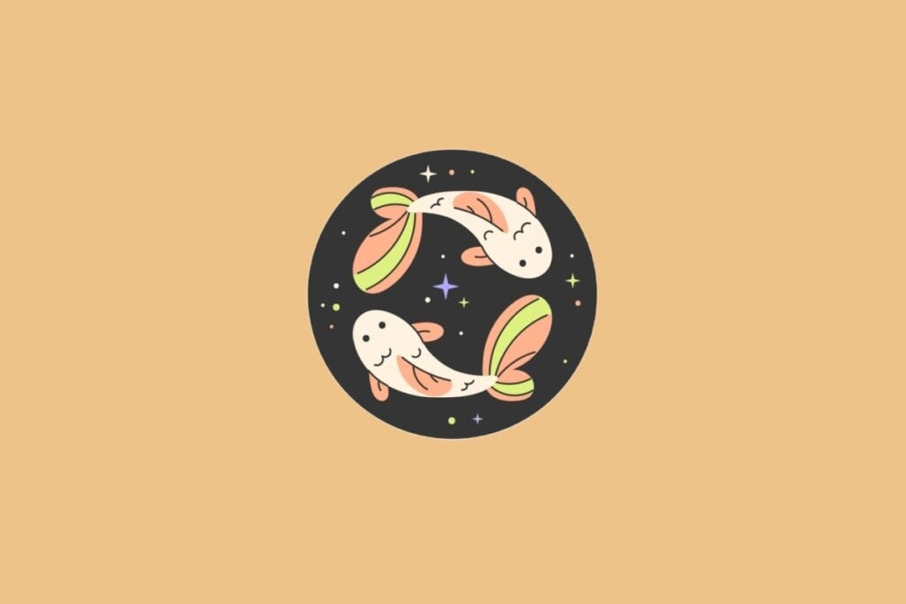 Horóscopo do dia: previsão para os 12 signos em 07/05/2025 66 Ilustração do signo de Peixes, em fundo alaranjado, com dois peixinhos coloridos girando em sentidos opostos dentro de um círculo