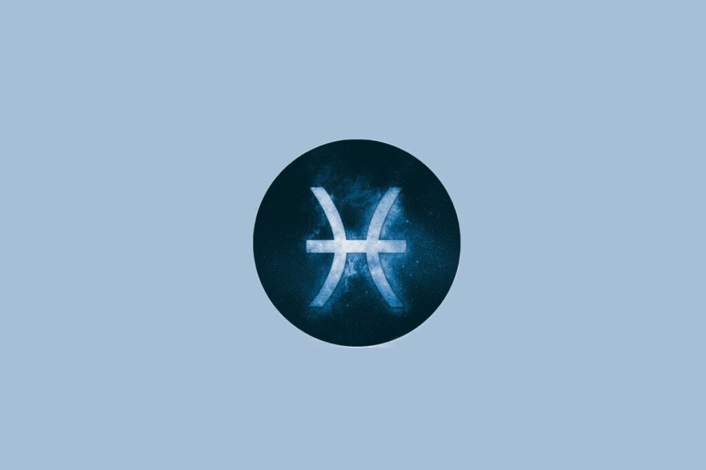 Horóscopo do dia: previsão para os 12 signos em 08/05/2025 66 Ilustração do signo de Peixes, em fundo azulado, com dois arcos curvados opostos unidos por uma linha central