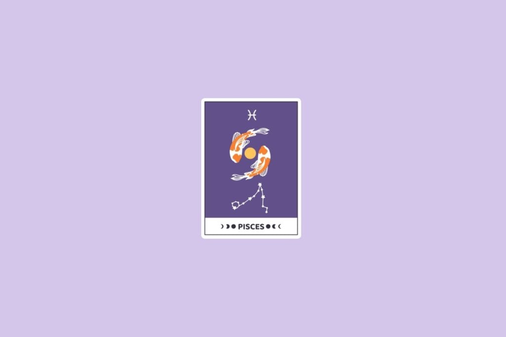 Previsão dos signos de 05 a 11 de maio de 2025 66 Ilustração do signo de Peixes representada por dois peixes coloridos nadando em círculo, rodeados por um fundo roxo com a constelação de Peixes abaixo