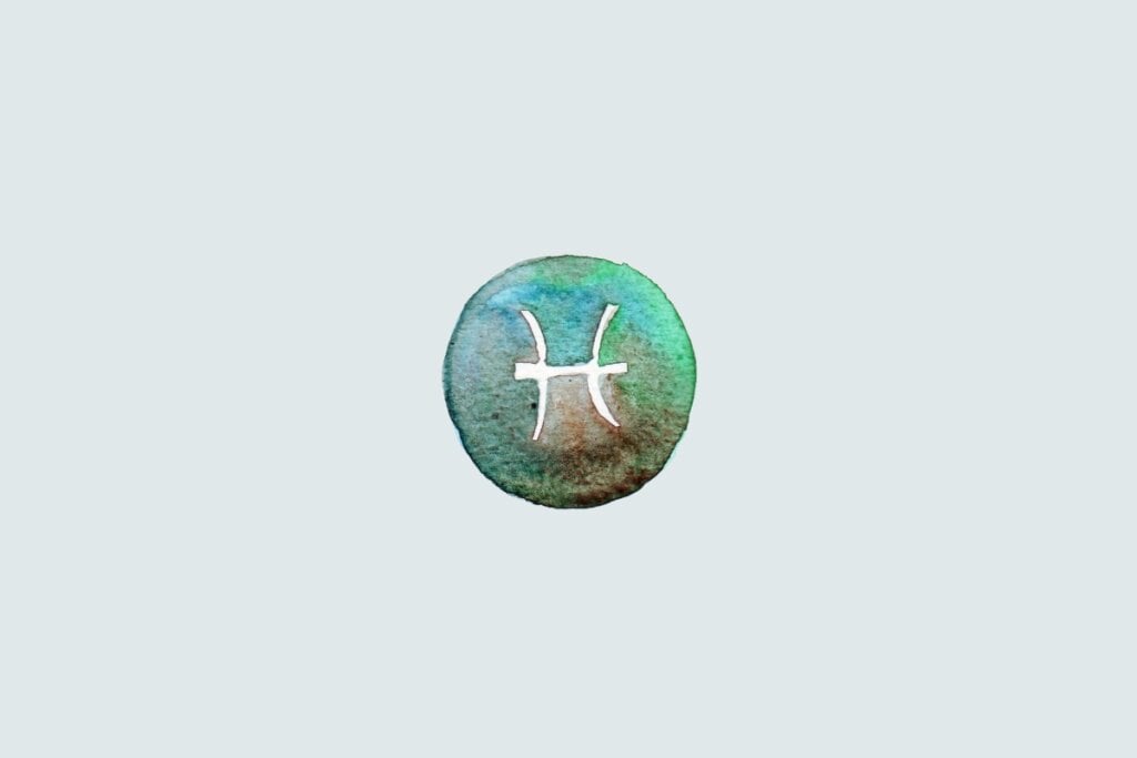 Veja as previsões do baralho cigano de junho para os 12 signos 71 Símbolo do signo de Peixes com dois arcos voltados para fora unidos por uma linha, sobre fundo colorido em estilo aquarela
