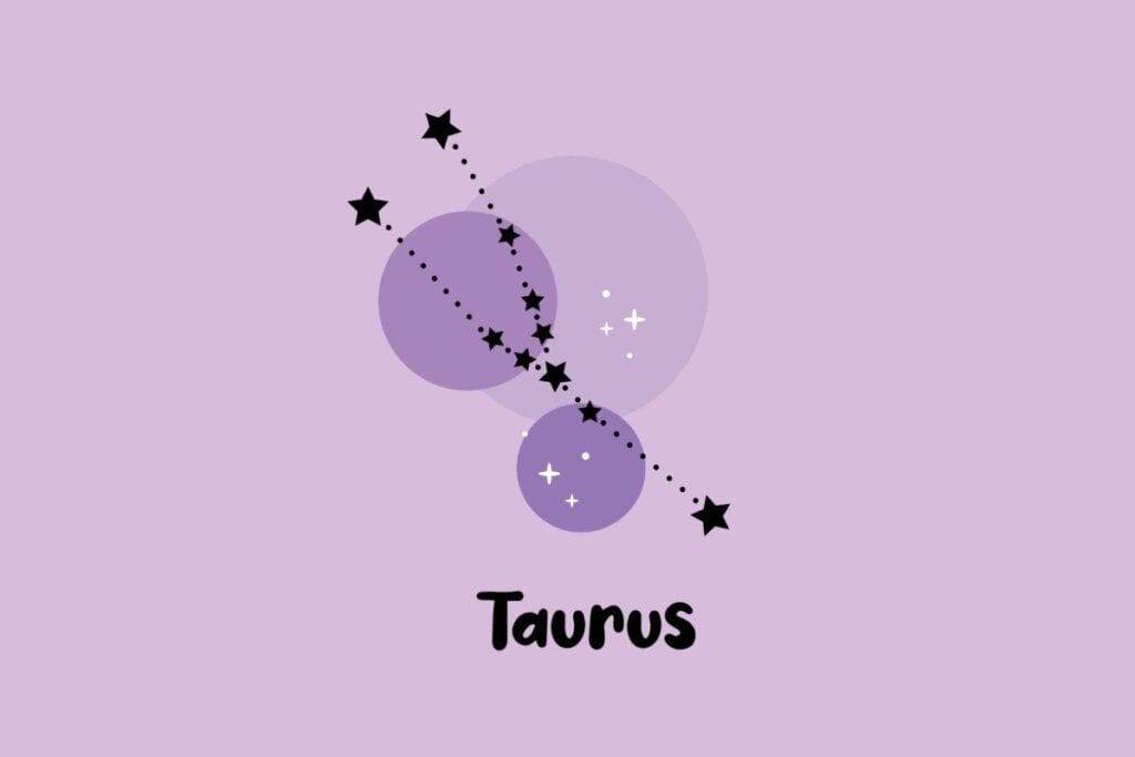 Horóscopo do dia: previsão para os 12 signos em 04/05/2025 56 Ilustração da constelação do signo de Touro com estrelas pretas em destaque sobre fundo lilás