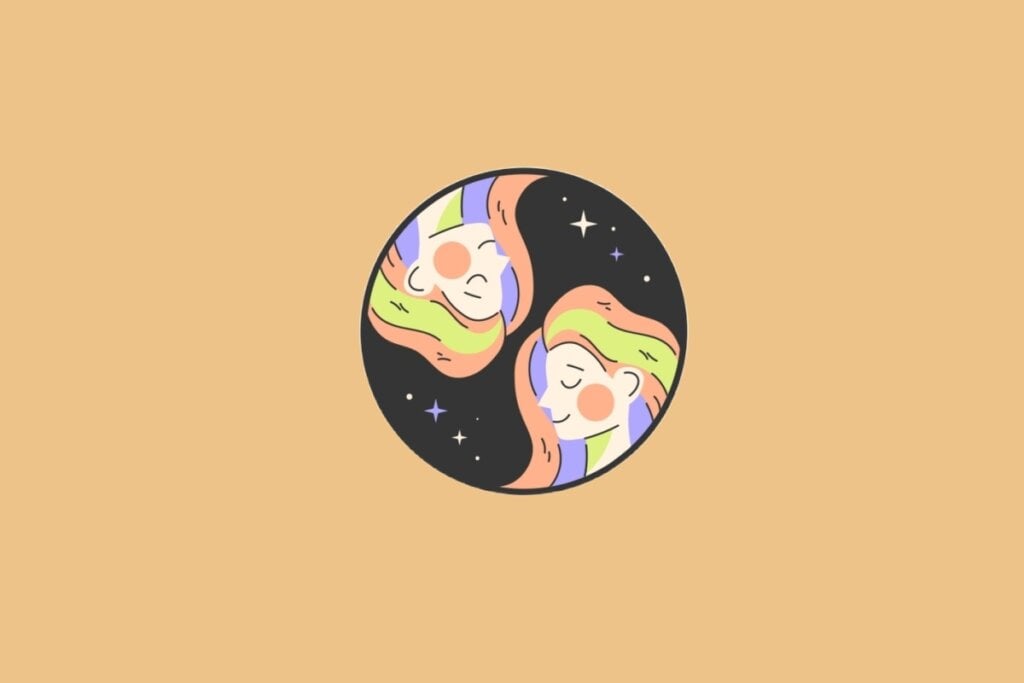 Horóscopo do dia: previsão para os 12 signos em 07/05/2025 57 Ilustração do signo de Gêmeos, em fundo alaranjado, com dois rostos idênticos voltados um para o outro, envoltos em cabelos coloridos