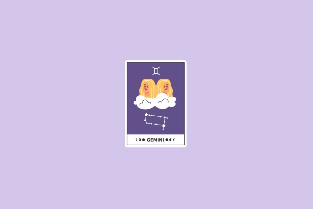 Previsão dos signos de 05 a 11 de maio de 2025 57 Ilustração do signo de Gêmeos com duas figuras femininas gêmeas estilizadas, flutuando em nuvens sobre um fundo roxo, com a constelação do signo logo abaixo