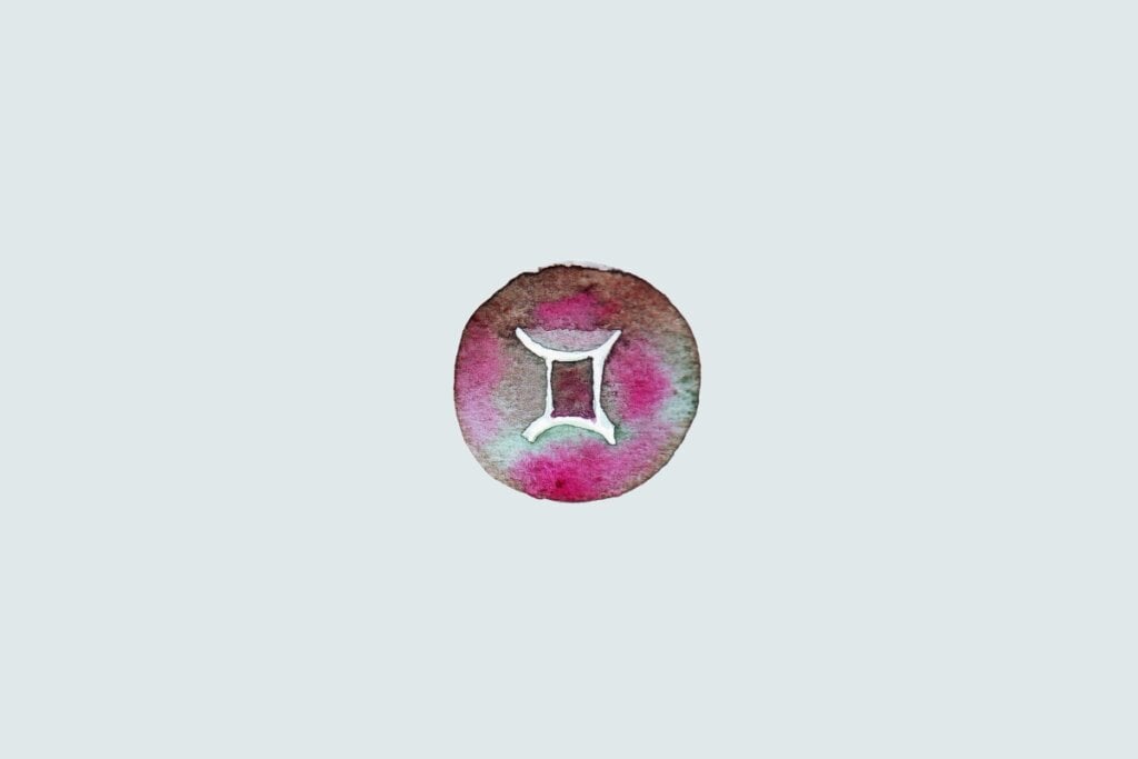 Veja as previsões do baralho cigano de junho para os 12 signos 62 Símbolo do signo de Gêmeos com duas linhas verticais ligadas por traços horizontais, sobre fundo colorido em estilo aquarela