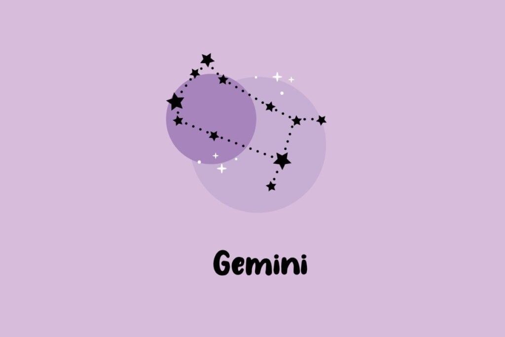 Horóscopo do dia: previsão para os 12 signos em 04/05/2025 57 Ilustração da constelação do signo de Gêmeos com estrelas conectadas por traços pontilhados em fundo lilás
