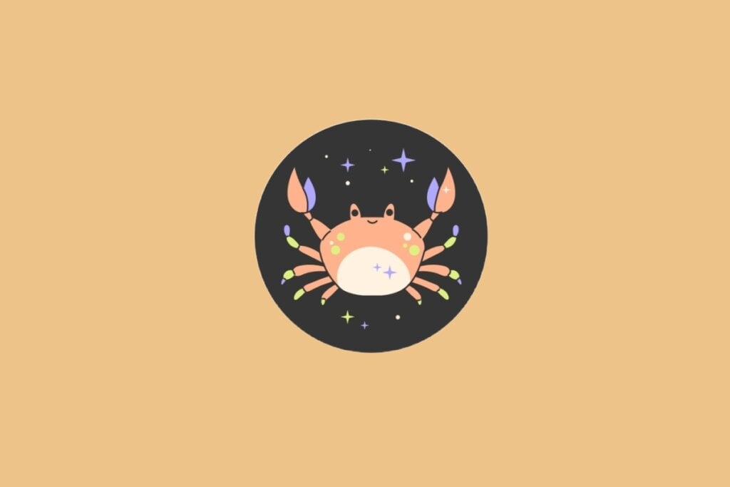 Horóscopo do dia: previsão para os 12 signos em 07/05/2025 58 Ilustração do signo de Câncer, em fundo alaranjado, com um caranguejo rosado de patas coloridas e expressão simpática, sobre um fundo estrelado