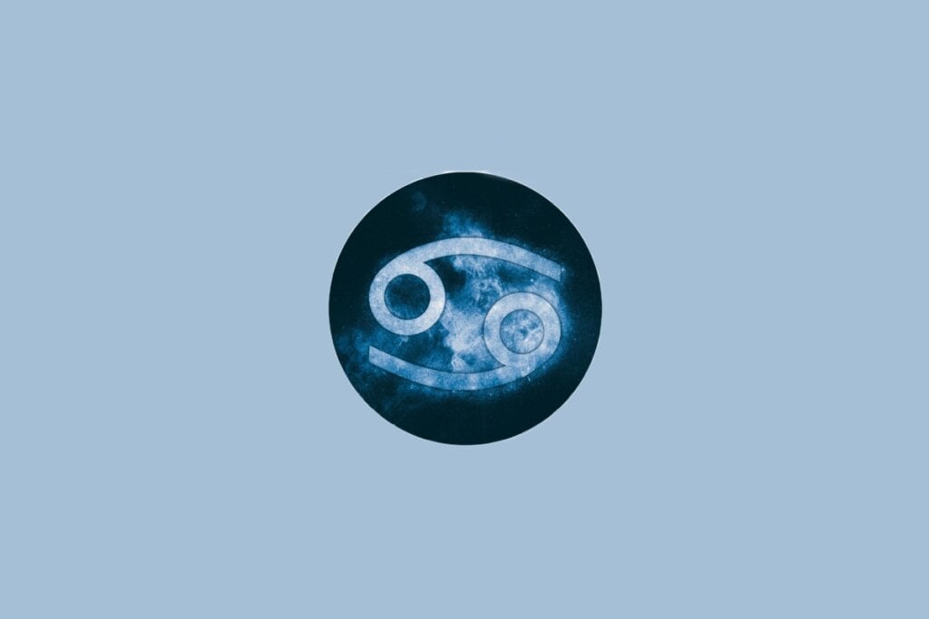 Horóscopo do dia: previsão para os 12 signos em 08/05/2025 58 Ilustração do signo de Câncer, em fundo azulado, com dois círculos interligados por traços curvos em direções opostas