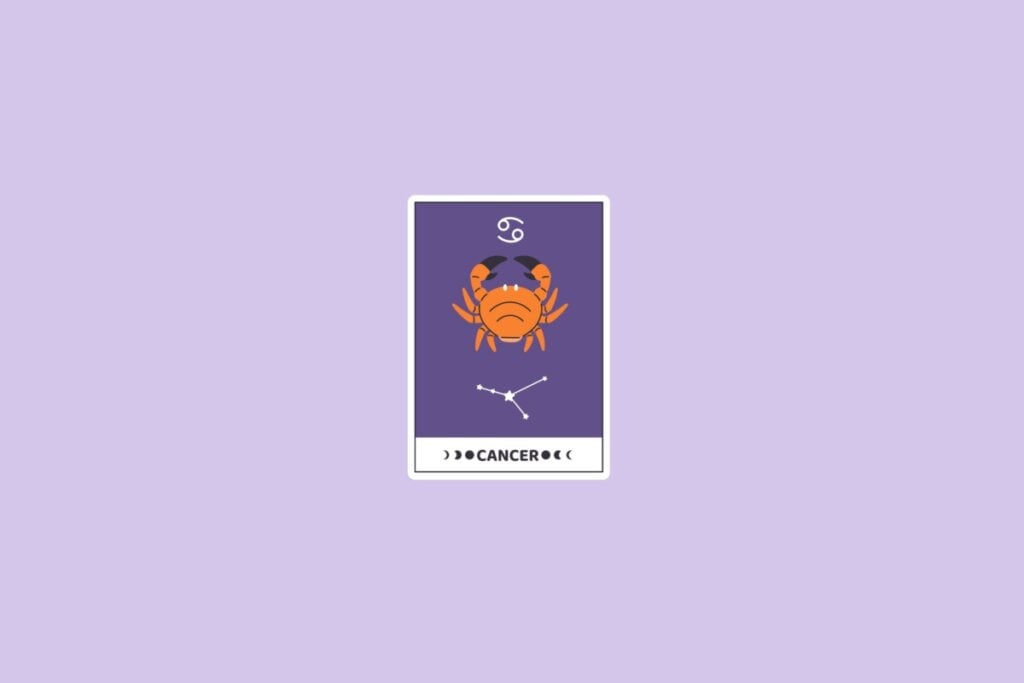 Previsão dos signos de 05 a 11 de maio de 2025 58 Ilustração do signo de Câncer representada por um caranguejo em destaque, com detalhes estilizados em um fundo roxo, acompanhado pela constelação correspondente