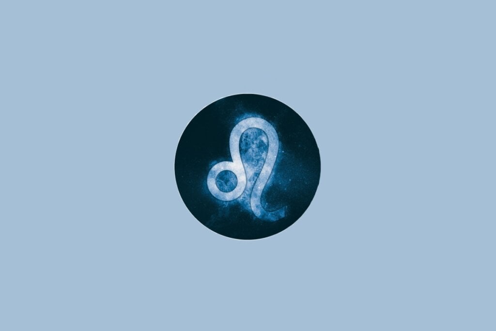 Horóscopo do dia: previsão para os 12 signos em 08/05/2025 59 Ilustração do signo de Leão, em fundo azulado, com traço curvado que lembra uma cauda e uma esfera na extremidade