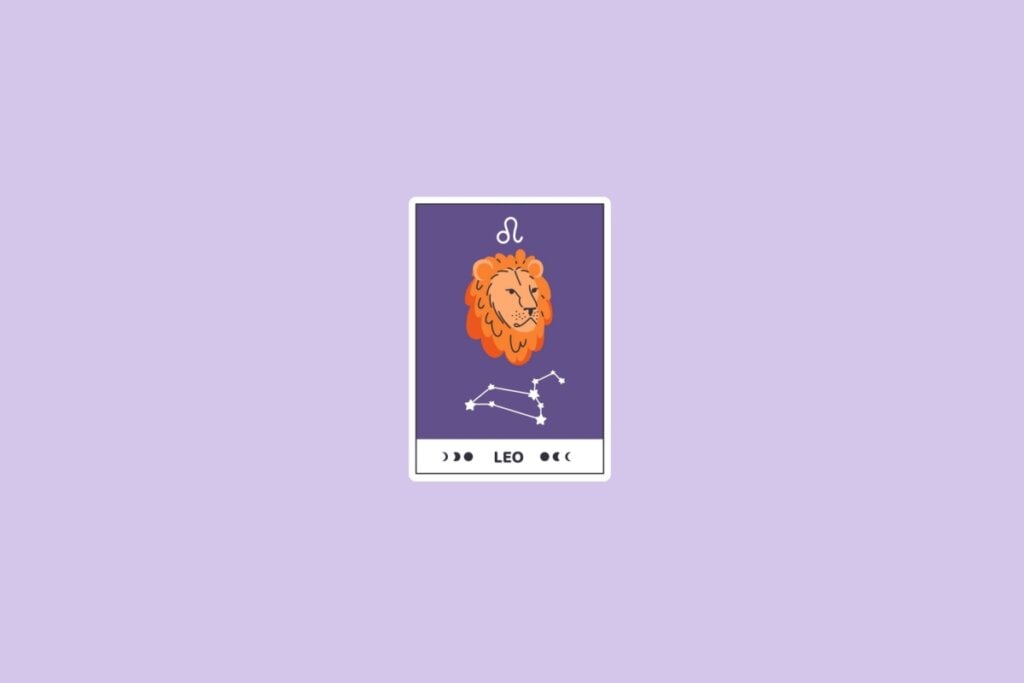 Previsão dos signos de 05 a 11 de maio de 2025 59 Ilustração do signo de Leão com um leão em destaque, seus traços nobres estilizados, sobre um fundo roxo com a constelação do signo ao fundo