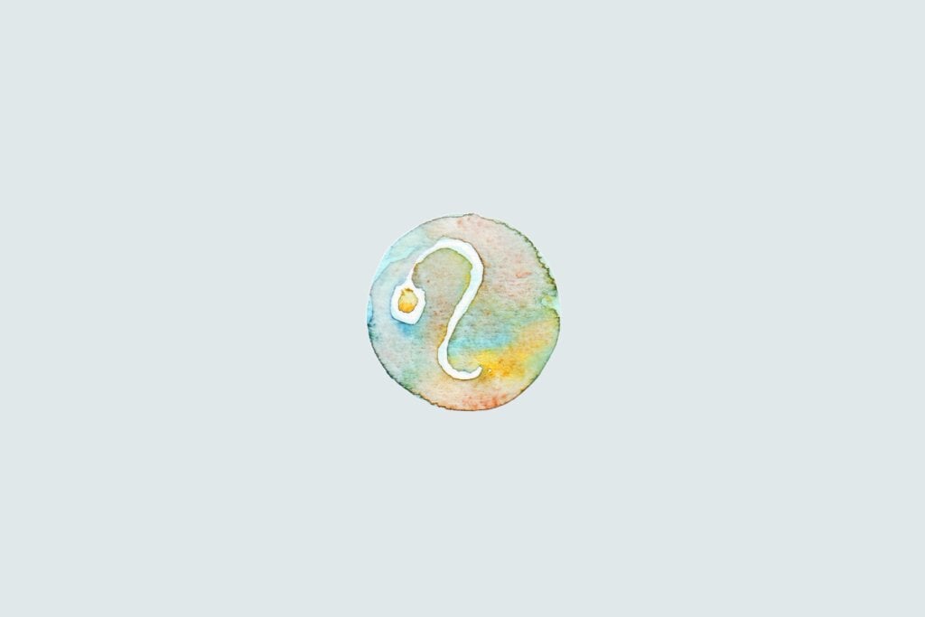 Veja as previsões do baralho cigano de junho para os 12 signos 64 Símbolo do signo de Leão com curva e espiral, sobre fundo colorido em estilo aquarela