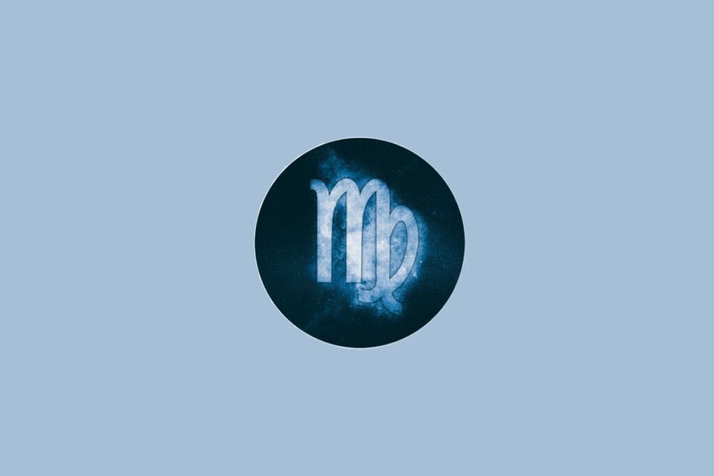 Horóscopo do dia: previsão para os 12 signos em 08/05/2025 60 Ilustração do signo de Virgem, em fundo azulado, com linhas curvas entrelaçadas formando um símbolo semelhante à letra "M"